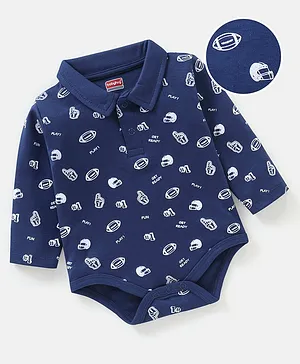 Babyhug 100% Cotton Full Sleeves Onesie Rugby Print - Navy Blue