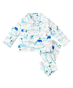 babywish 100% Cotton Full Sleeves Elephant And Dino Print Night Suit - Blue