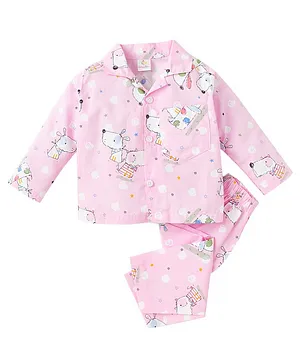 babywish 100% Cotton Full Sleeves Star And Animal Print Night Suit  - Pink