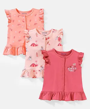 Babyoye Eco Conscious Cotton with Eco Jiva Finish Half Sleeves Set of Vests Floral Print Pack of 3 - Pink & Orange