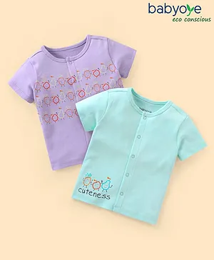 Babyoye 100% Cotton with Eco Jiva Finish Half Sleeves Vests Fruits Print Pack of 2 - Purple & Mint Blue