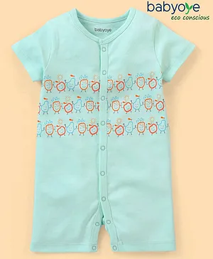 Babyoye 100% Cotton Half Sleeves with Eco Jiva Finish Cartoon Face Fruit Print Romper - Blue