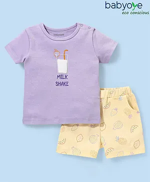 Babyoye 100% Cotton With Eco Jiva Finish Half Sleeves T-Shirt and Shorts Set Milk Shake Embroidery - Purple