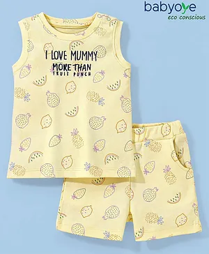 Babyoye 100% Cotton with Eco Jiva Finish Sleeveless T-Shirt & Shorts Pomegranate Print - Yellow