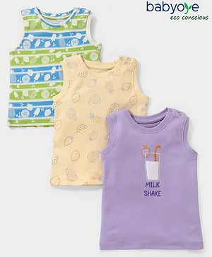 Babyoye 100% Cotton with Eco Jiva Finish Sleeveless Text & Fruit Printed T-Shirts Pack of 3 - Purple & Peach