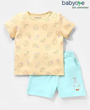 Babyoye 100% Cotton with Eco Jiva Finish Fruit Print Half Sleeves Tshirt and Bottomwear - Beige & Blue