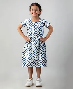 FlyFinns Half Sleeves All Over Printed & Striped Design Detailed Fit & Flare Dress - White