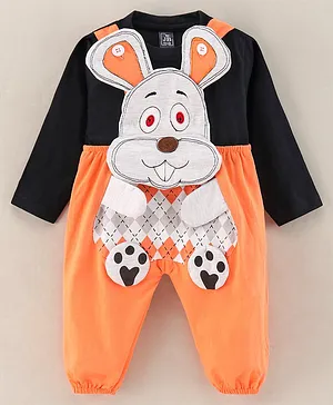Jb Club Full Sleeves Solid Tee With Bunny Patch Dungaree Set - Black & Orange