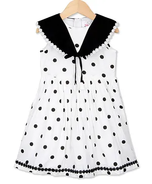 Young Birds Cap Sleeves Sailor Collar Lace Trim Polka Dot Printed Gathered Dress - Black & White