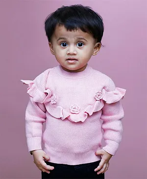 Baby Moo Full Sleeves Fill Detailed & Flower Embellished Knitted Sweater - Pink