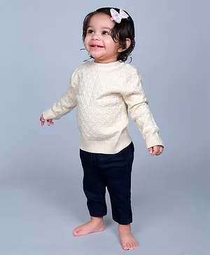 Baby Moo Full Sleeves Cable Knit Detail Sweater - Off White