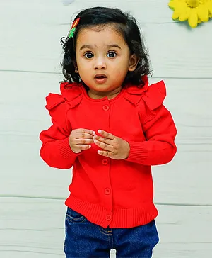 Baby Moo Full Sleeves Charming Frilly Detail Knitted Cardigan - Red