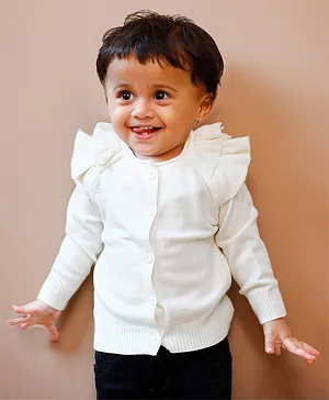 Baby Moo Full Sleeves Charming Frilly Detail Knitted Cardigan - Off White
