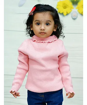 Baby Moo Full Sleeves Solid Ribbed Knitted Sweater - Pink