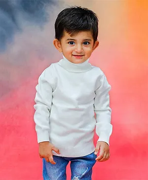 Baby Moo Full Sleeves Solid Ribbed Knitted Sweater - White