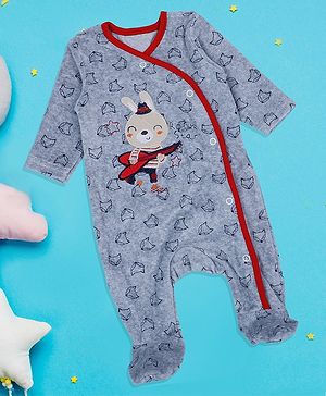 Baby Moo Full Sleeves All Over Fox Printed & Bunny Placement Embroidered Footed Romper - Grey