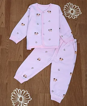 Baby Moo Full Sleeves Puppy Printed Night Suit - Pink