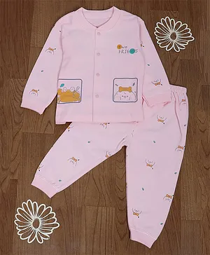 Baby Moo Full Sleeves Two Friends Crab & Puppy Printed Night Suit  - Pink