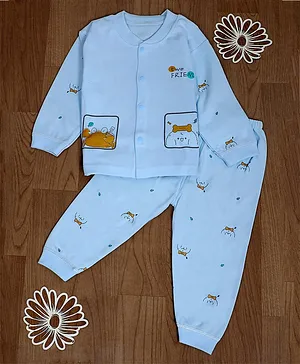 Baby Moo Full Sleeves Two Friends Crab & Puppy Printed Night Suit - Blue