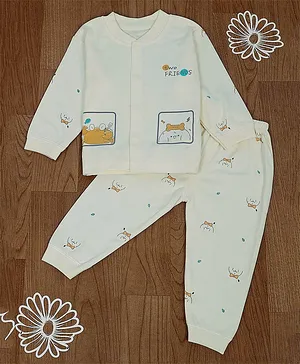 Baby Moo Full Sleeves Two Friends Crab & Puppy Printed Night Suit - Yellow