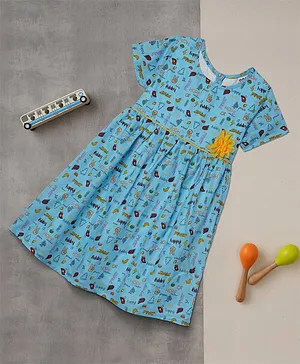 Zion Half Sleeves Hope Print Fit And Flare Dress With Contrast Belt - Blue