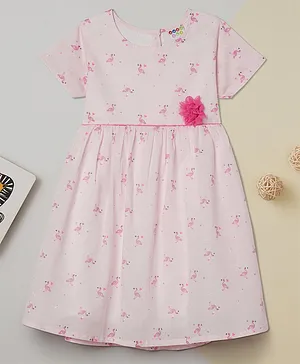 Zion Half Sleeves Flamingos Printed Fit And Flare Dress With Contrast Flower Belt - Light Pink