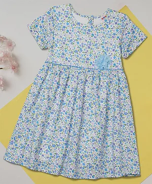 Zion Half Sleeves Floral Printed Fit And Flare Dress With Belt And Floral Applique Detail - Blue White