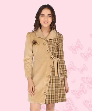 Cutecumber Full Sleeves Tartan Checkered Flower Appliqued Overlapped Half & Half Design Style Dress - Brown