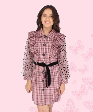 Cutecumber Full Puffed Flocking Net Sleeves Tartan Checkered Shirt Dress with Belt - Dusty Pink