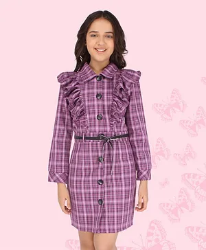 Cutecumber Full Puffed Sleeves Tartan Checkered Shirt Dress with Belt - Purple
