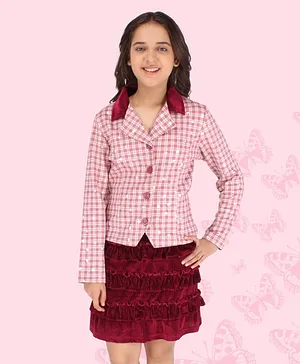Cutecumber Full Sleeves Tartan Checkered Floral Foil Printed Coat with Drop Needle Chenille Striped Embellished Skirt - Pink & Maroon