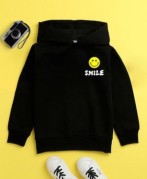 NUSYL Cotton Fleece Unisex Full Sleeves Smile Print Hooded Sweatshirt - Black