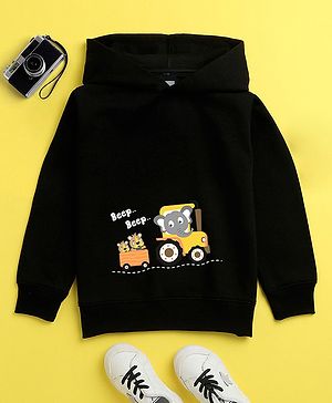 NUSYL Cotton Fleece Unisex Full Sleeves Elephant And Bear On Wheels Print Hooded Sweatshirt - Black