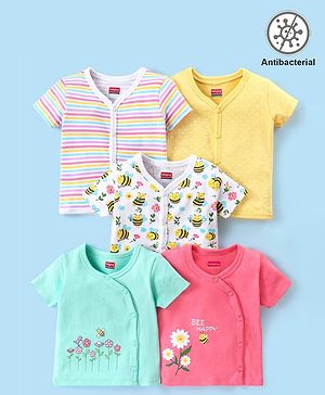 Babyhug 100% Cotton Antibacterial Half Sleeves Vests Bee Print Pack of 5 - Pink Blue & Yellow