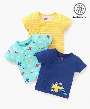 Babyhug 100% Cottton Anti Bacterial Half Sleeves Vest Pack Of 3  - Blue Green