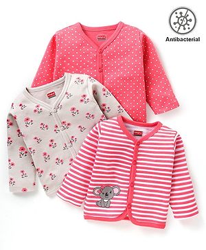 Babyhug 100% Cotton Knit Anti-Bacterial Full Sleeves Striped Vests Floral & Polka Dots Print Pack of 3 - Pink Red & Grey