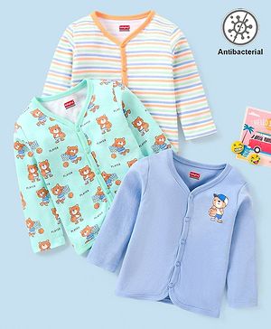 Babyhug 100% Cotton Knit Anti Bacterial Full Sleeves Striped Vests Playing Bear Print Pack of 3 - Blue & Sea Green