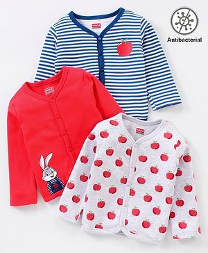 Babyhug 100% Cotton Antibacterial Full Sleeves Vests Stripes & Apple Print Pack of 3 - Grey Red & Blue