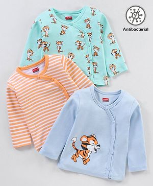 Babyhug 100% Cotton Full Sleeves Antibacterial Vests Tiger Print Pack of 3 - Orange & Blue