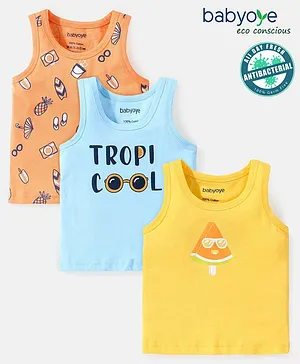 Babyoye Cotton Knit Sleeveless Vests Tropicool Print Pack of 3 - Orange Blue & Yellow