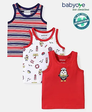Babyoye Cotton Knit Sleeveless Vests Striped & Penguin Print Pack of 3 - Navy Red & White