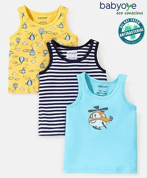 Babyoye Cotton Knit Sleeveless Vests Striped & Helicopter Print Pack of 3 - Yellow Black & Blue