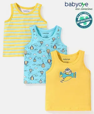 Babyoye Cotton Knit Sleeveless Vests Striped & Plane Print Pack of 3 - Yellow & Blue