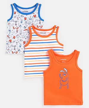 Babyoye Cotton Sleeveless Vests Bug Print Pack Of 3 - Orange & Blue