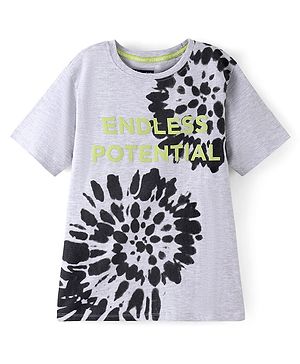 Pine Kids 100% Cotton Half Sleeves Bio Washed T-Shirt Text Print - Light Grey