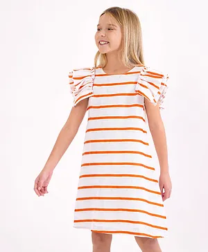 Primo Gino Cotton Frill Sleeves Striped Dress- Orange