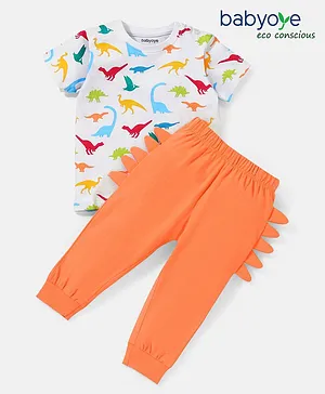 Babyoye 100% Cotton Knit Half Sleeves T-Shirt and Lounge Pant Dino Print - White & Orange