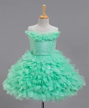 Enfance Sleeveless Stone Embellished Bodice With Seamless Floral Ruffle Detailed Fit & Flare Dress - Light Green