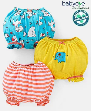 Babyoye Eco Conscious Anti Bacterial Cotton Printed Bloomers Pack of 3 - Blue Orange & Yellow