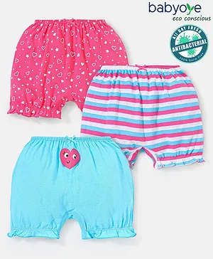 Babyoye Eco Conscious Anti Bacterial Cotton Stripes & Heart Print Bloomers Pack of 3 - Multicolour